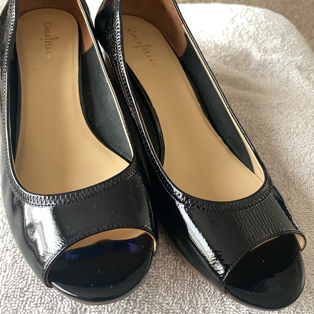 Cole Haan Glossy Black Peep Toe Heels